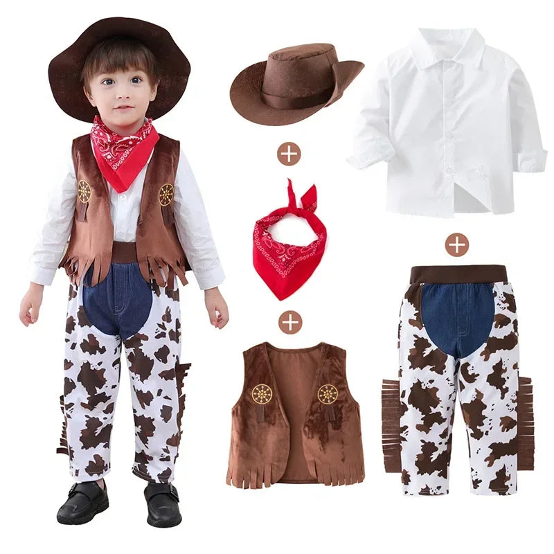 Kid Boys Cowboy Costume Children Western Cowboy Costumes Purim Cosplay Halloween Event Dress Up Party Stage Performance Outfits