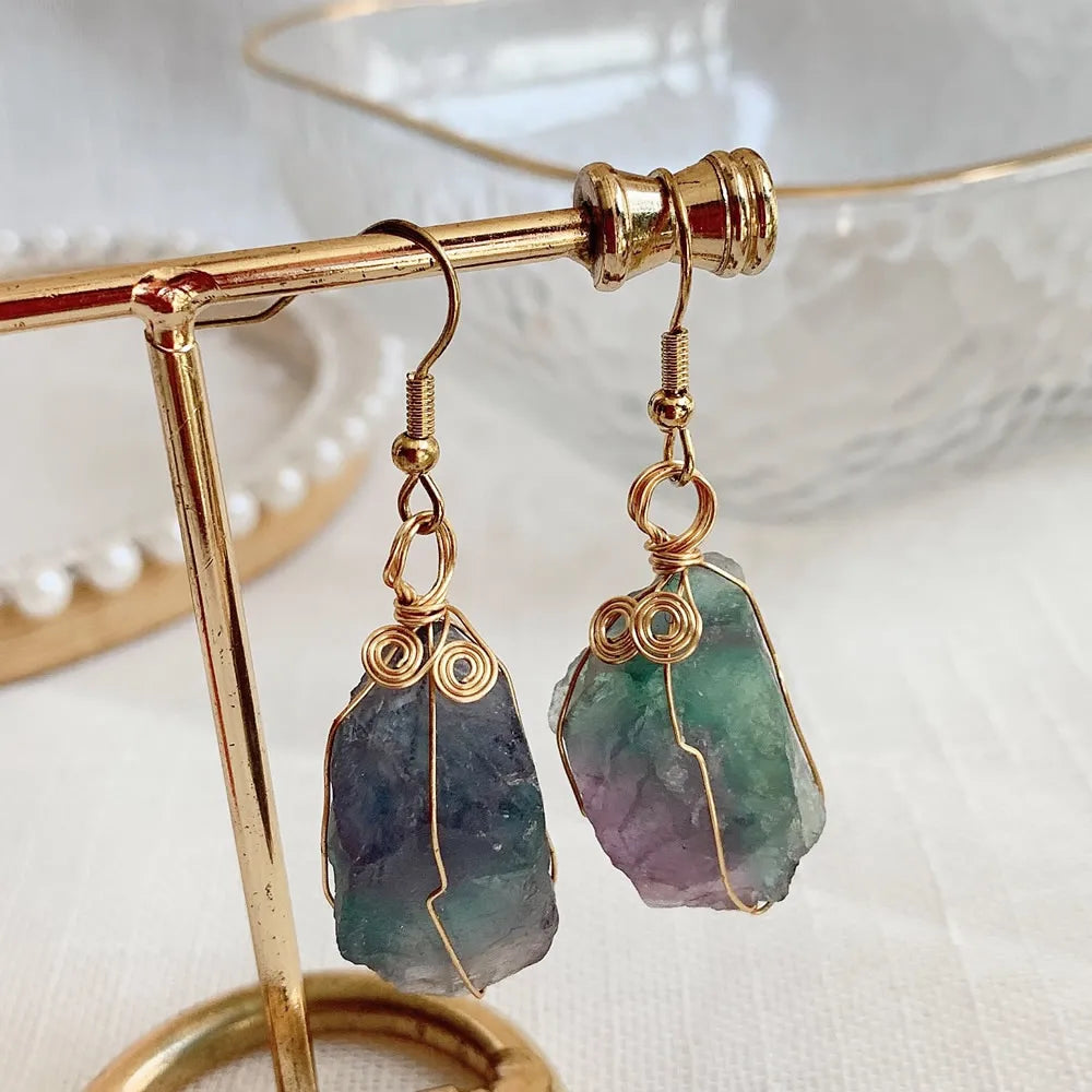 Natural Crystal Earrings for Women Raw Stone Green Quartz Pendulum Rubies Zoisite Lapis Sunstone Purple Crystal Drop Earring