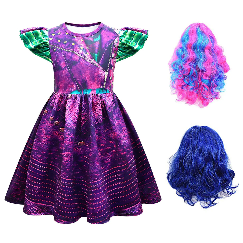 Descendants 3 Mal Costumes for Girls Evie Cosplay Costume Children Summer Short Dresses Girls Halloween Birthday Party Dress Up