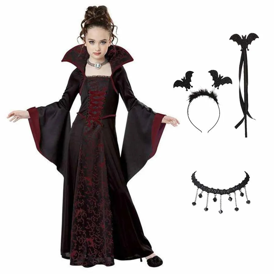 Halloween Costume for Kids Halloween Fantasy Vampire Costume Girls Long Tutu Dress Kids Carnival Outfit Gothic Feather Clothes