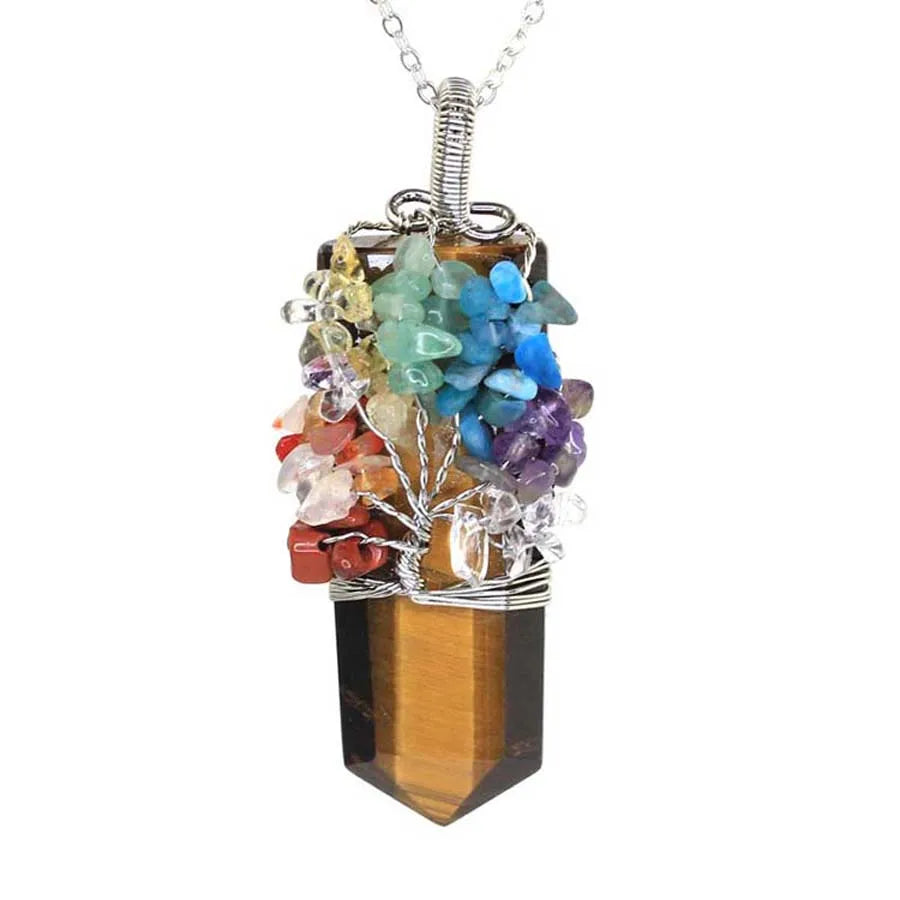Healing Crystal Sword Faceted Pendant Necklace For Women Men Natural Chakra Tree Life Wire Wrapped Amethyst Rose Quartz Jewelry