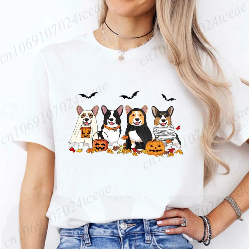 Halloween Dog Fashion T Shirt Tops Women Harajuku Graphic Tees Shirt Femme Corgi Dogs Halloween Women's T-shirt Clothes Tops