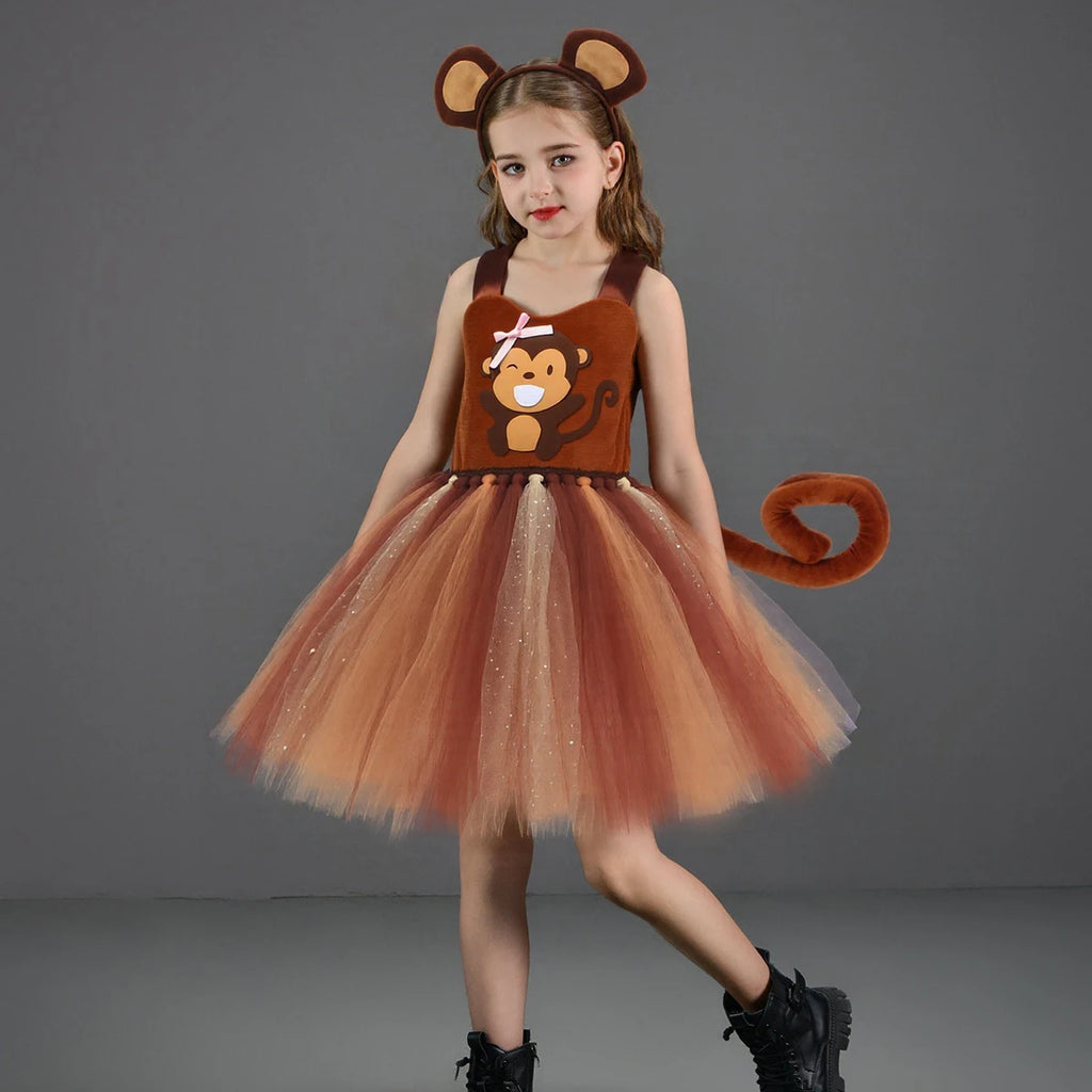 Sparkly Brown Monkey Costumes for Baby Girls Forest Tutu Dress Kids Animal Halloween Outfits Children Birthday Carnival Clothes
