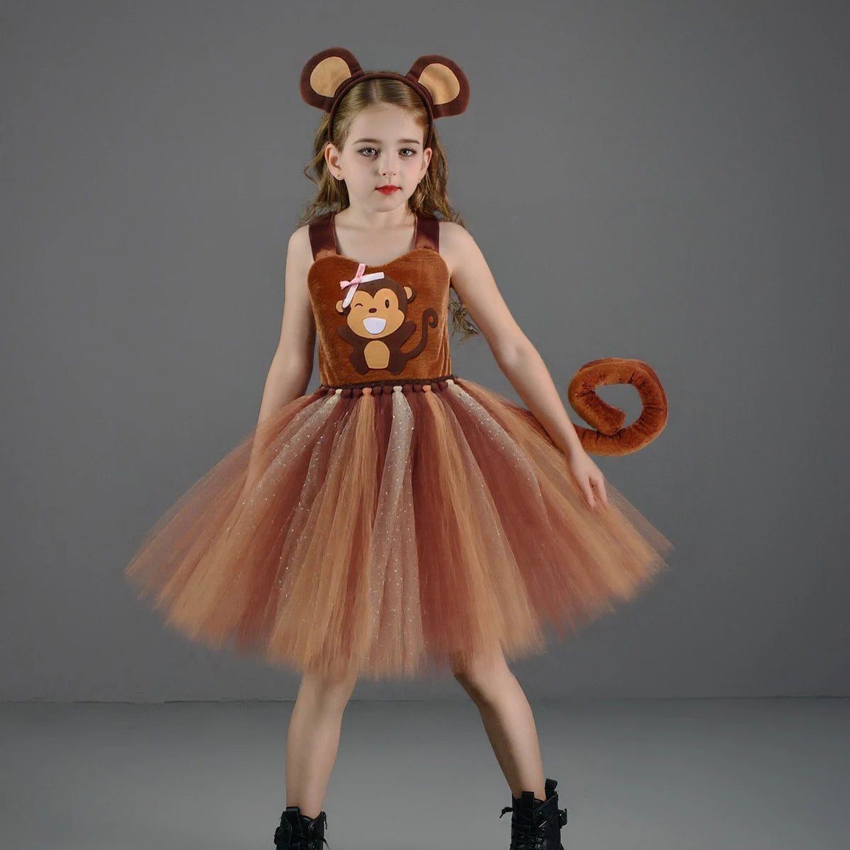 Sparkly Brown Monkey Costumes for Baby Girls Forest Tutu Dress Kids Animal Halloween Outfits Children Birthday Carnival Clothes