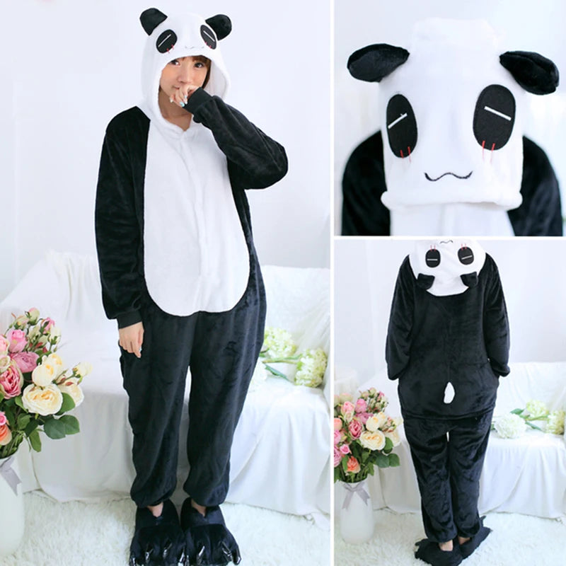 Winter Women Men Unisex Adults Penguin Cartoon Onesies Frog Bear Animal Cosplay Pajamas Set Flannel Sleepwear Halloween Costumes