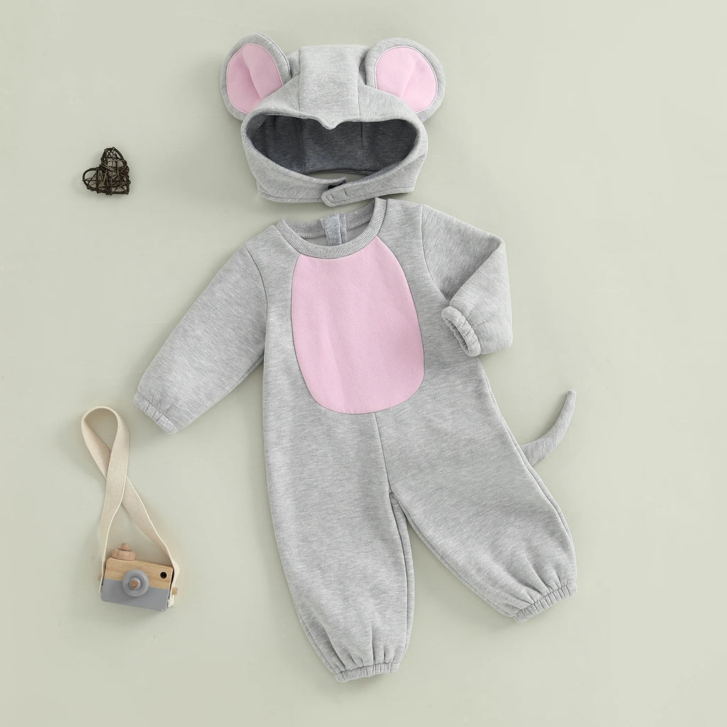 0-3Years Baby Mouse Costumes Novelty Long Sleeve Contrast Color Jumpsuit with Hat Halloween Cosplay Costumes for Boy Girl
