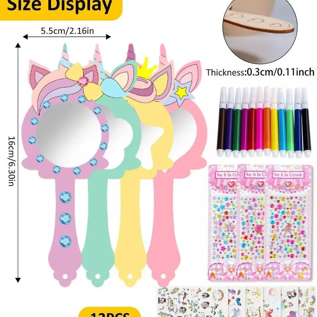 12pcs Wooden Mirror Craft Kids Decorate Mirrors Girls DIY Paint Wooden Hand Mirror for Mother's Day Art Activities Birthday Gift