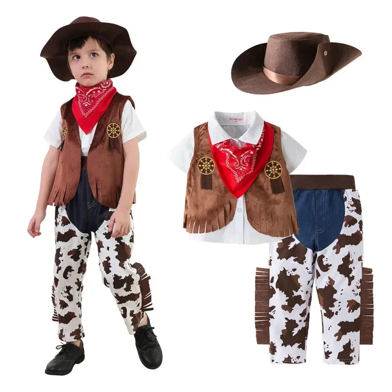 Kid Boys Cowboy Costume Children Western Cowboy Costumes Purim Cosplay Halloween Event Dress Up Party Stage Performance Outfits