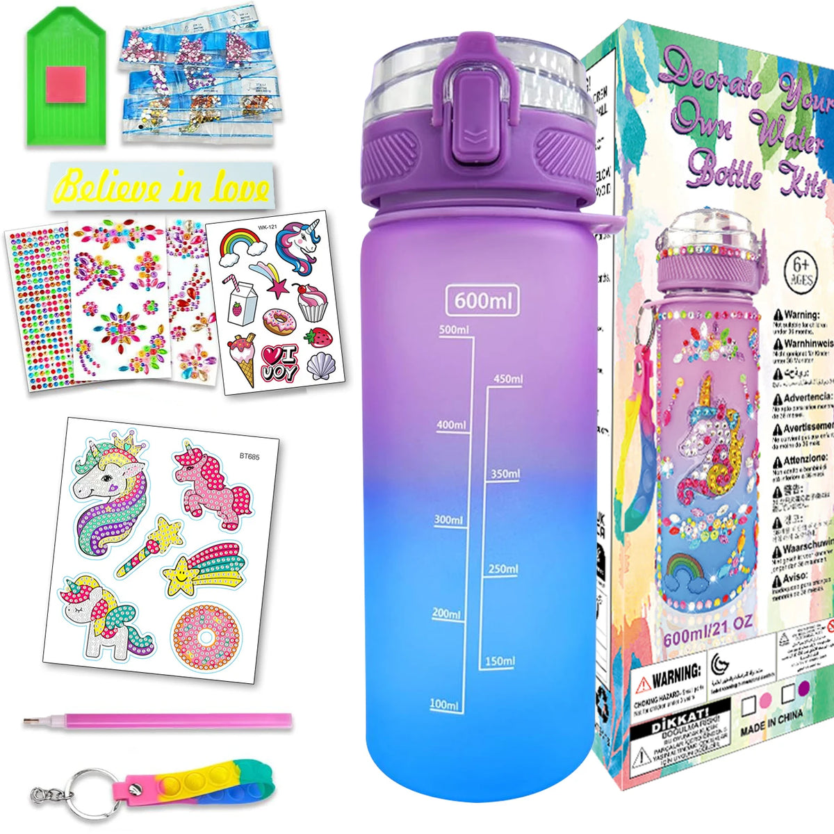 DIY Water Bottle Craft Kit for Kids, Decorative Painting Art Set, Creative Handmade Toys Birthday Gift for Girls