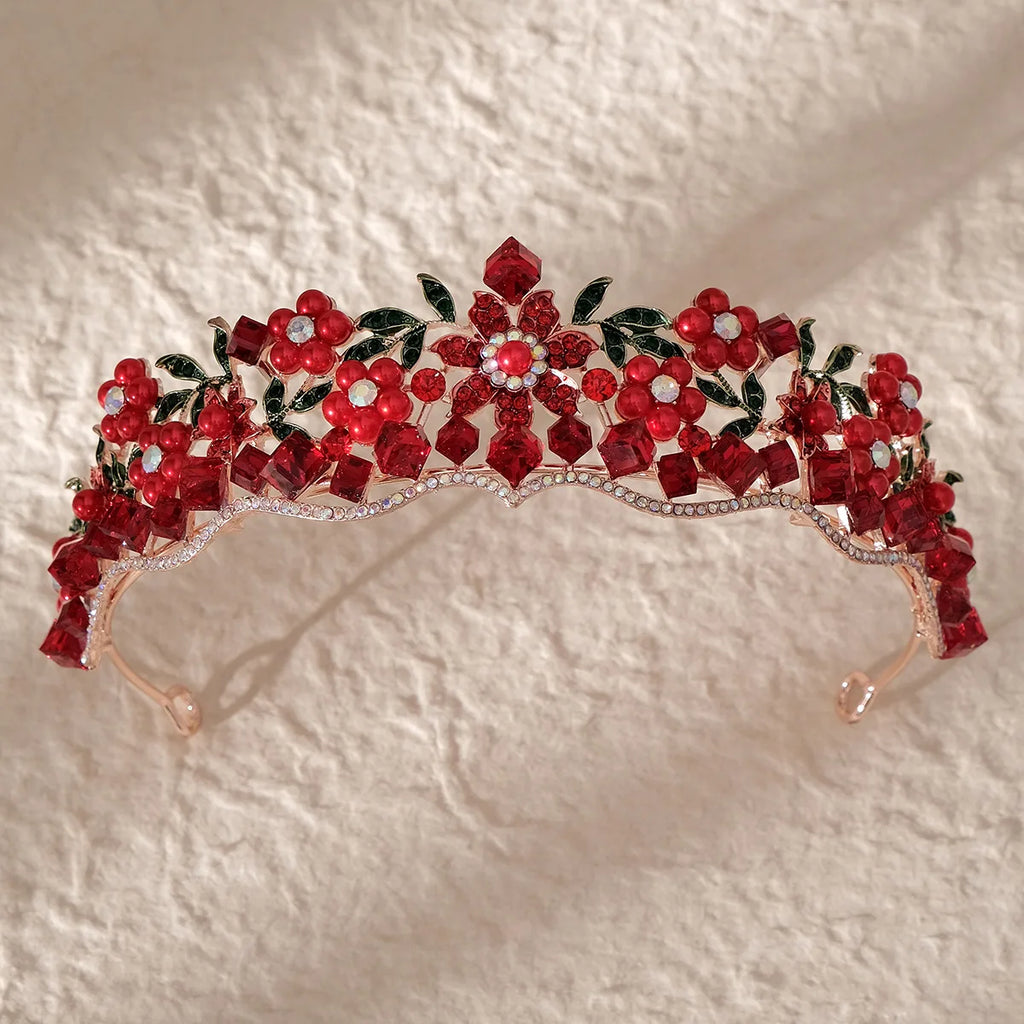 Baroque Luxury Red Crystal Flowers Tiaras For Women Diadem Wedding Girls Birthday Party Elegant Crowns Hair Jewelry Accessories