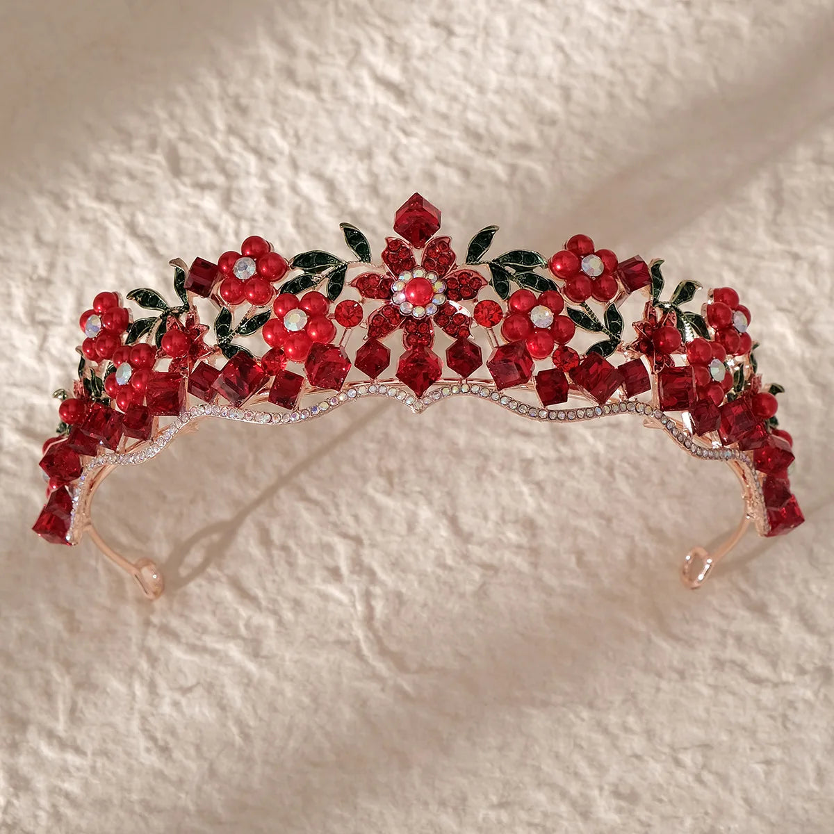 Baroque Luxury Red Crystal Flowers Tiaras For Women Diadem Wedding Girls Birthday Party Elegant Crowns Hair Jewelry Accessories
