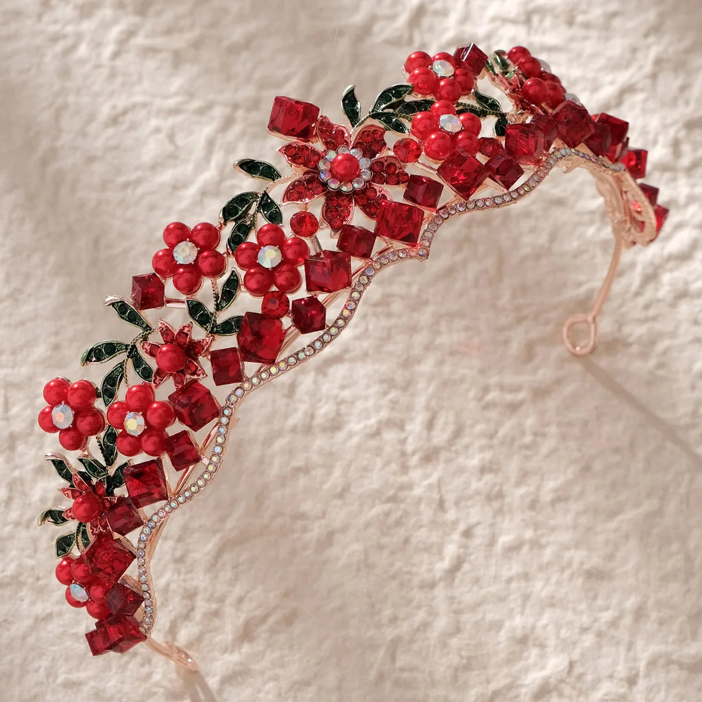 Baroque Luxury Red Crystal Flowers Tiaras For Women Diadem Wedding Girls Birthday Party Elegant Crowns Hair Jewelry Accessories