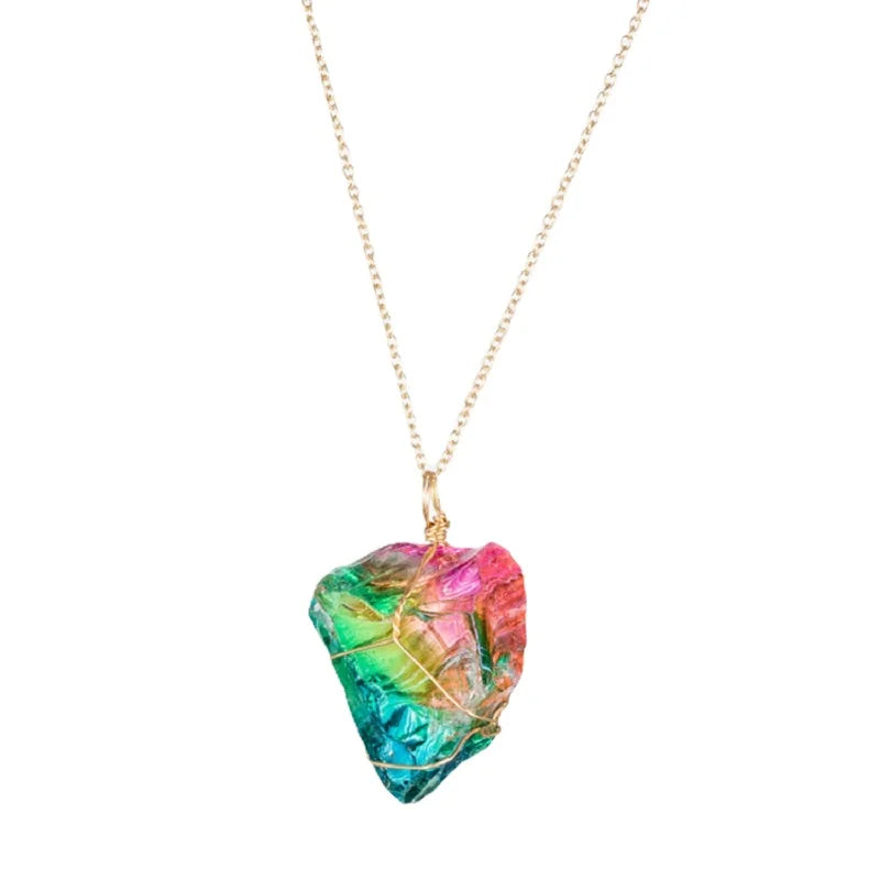 Irregular Rainbow Stone Natural Crystal Fashion Crystal Chakra Rock Necklace Nice Gift For Lover Friends