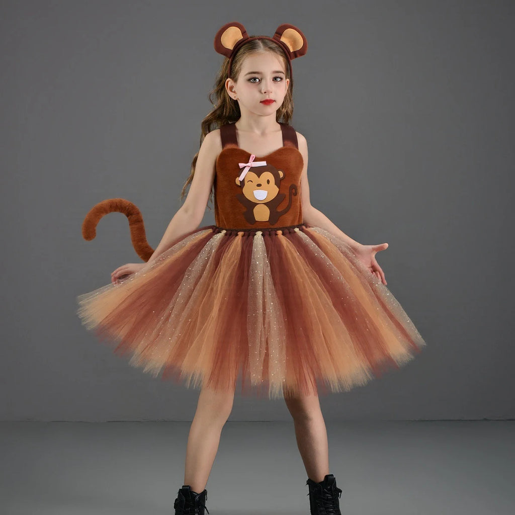 Sparkly Brown Monkey Costumes for Baby Girls Forest Tutu Dress Kids Animal Halloween Outfits Children Birthday Carnival Clothes