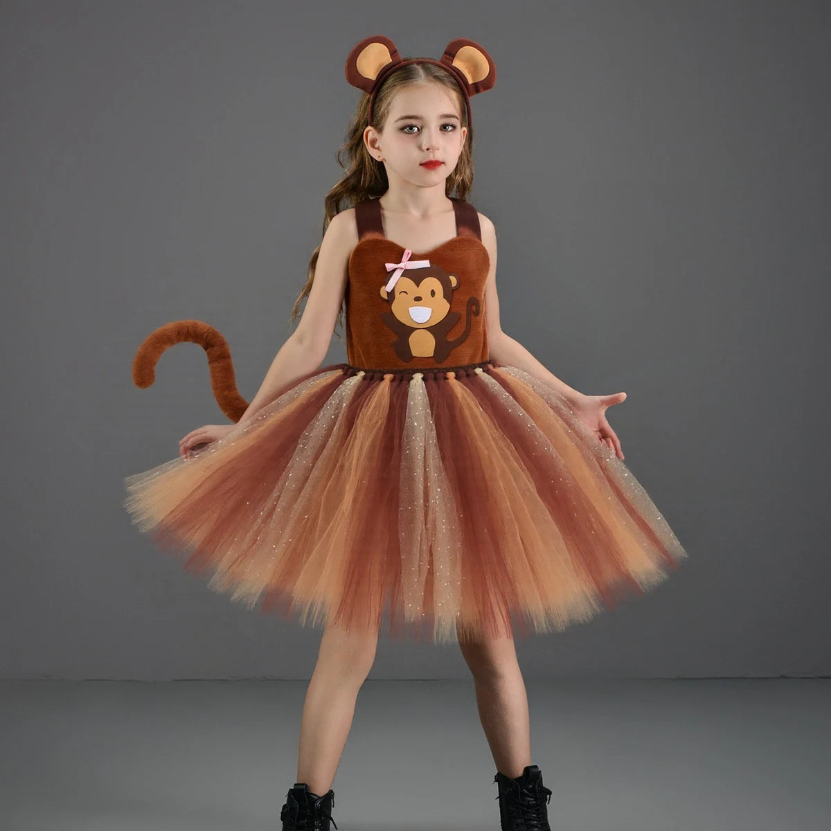 Sparkly Brown Monkey Costumes for Baby Girls Forest Tutu Dress Kids Animal Halloween Outfits Children Birthday Carnival Clothes