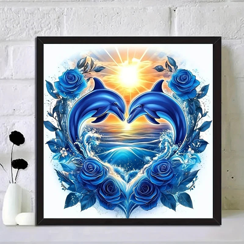 Diamond Painting Set, Dolphin Love Pattern, Round Diamond Full Diamond Art, Multiple Specifications to Choose From, Frameless