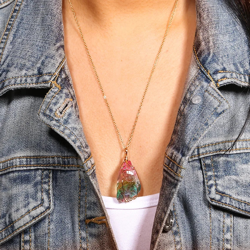 Irregular Rainbow Stone Natural Crystal Fashion Crystal Chakra Rock Necklace Nice Gift For Lover Friends