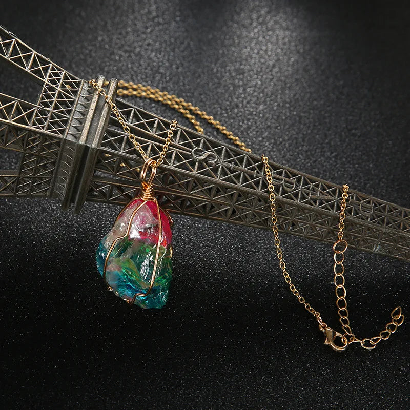 Irregular Rainbow Stone Natural Crystal Fashion Crystal Chakra Rock Necklace Nice Gift For Lover Friends