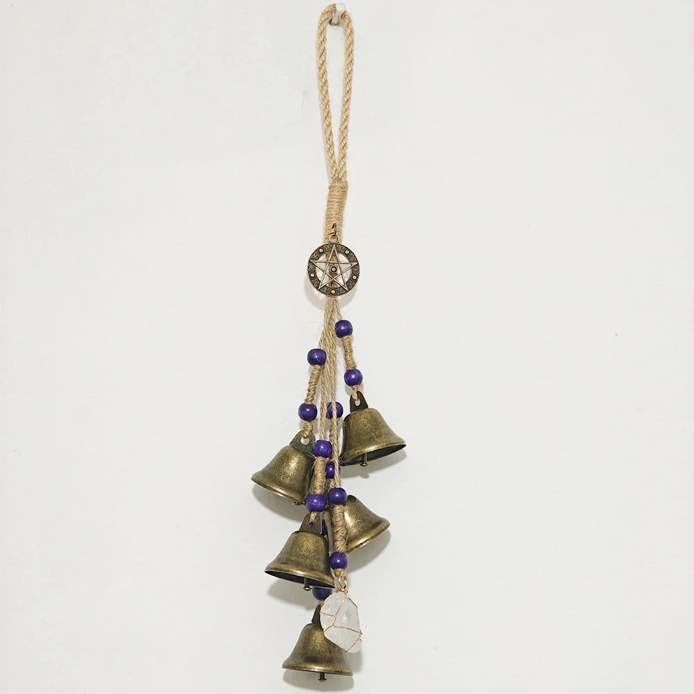 Crystal Witch Bells Vintage Metal Wind Chime for Protection Positive Energy Cleansing Chime with Clear Quartz Amethyst Obsidian