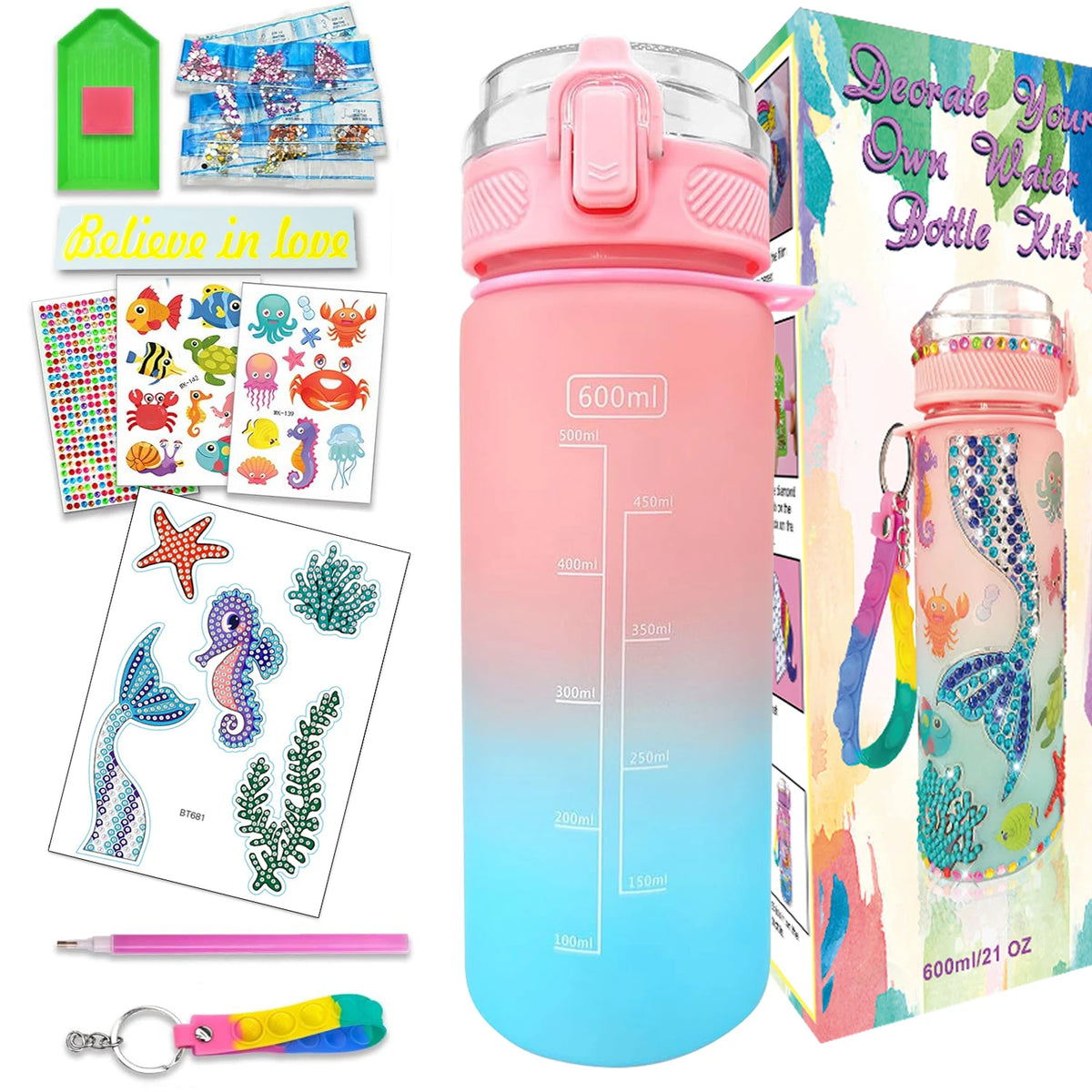 DIY Water Bottle Craft Kit for Kids, Decorative Painting Art Set, Creative Handmade Toys Birthday Gift for Girls