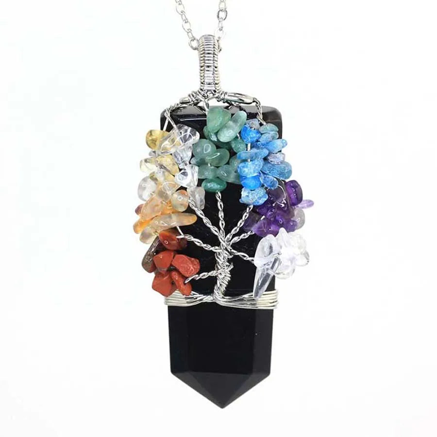 Healing Crystal Sword Faceted Pendant Necklace For Women Men Natural Chakra Tree Life Wire Wrapped Amethyst Rose Quartz Jewelry