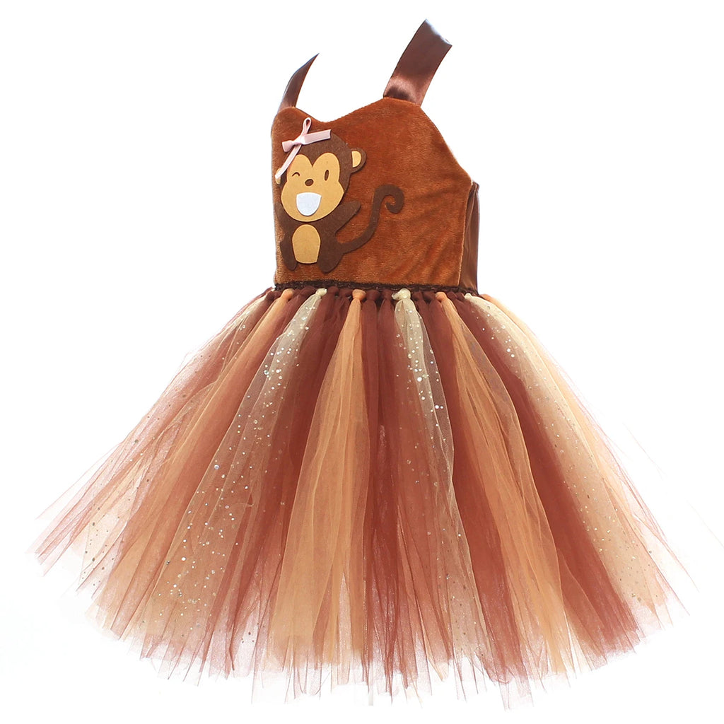 Sparkly Brown Monkey Costumes for Baby Girls Forest Tutu Dress Kids Animal Halloween Outfits Children Birthday Carnival Clothes