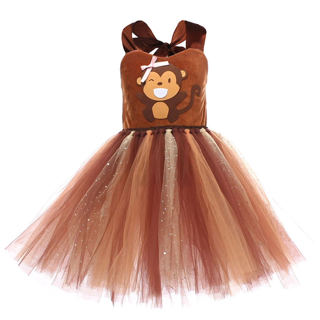 Sparkly Brown Monkey Costumes for Baby Girls Forest Tutu Dress Kids Animal Halloween Outfits Children Birthday Carnival Clothes