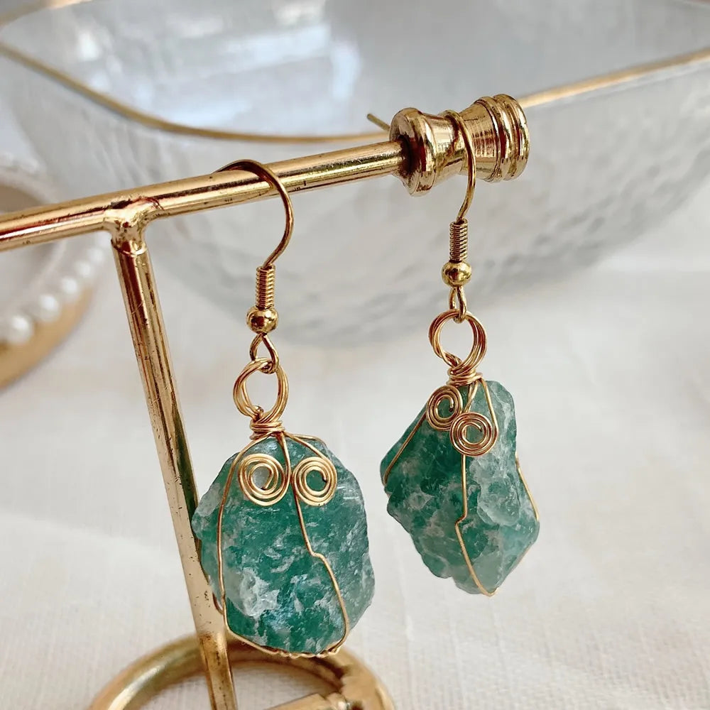 Natural Crystal Earrings for Women Raw Stone Green Quartz Pendulum Rubies Zoisite Lapis Sunstone Purple Crystal Drop Earring