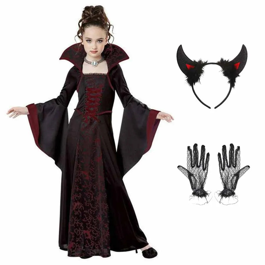 Halloween Costume for Kids Halloween Fantasy Vampire Costume Girls Long Tutu Dress Kids Carnival Outfit Gothic Feather Clothes