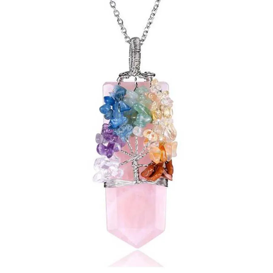 Healing Crystal Sword Faceted Pendant Necklace For Women Men Natural Chakra Tree Life Wire Wrapped Amethyst Rose Quartz Jewelry