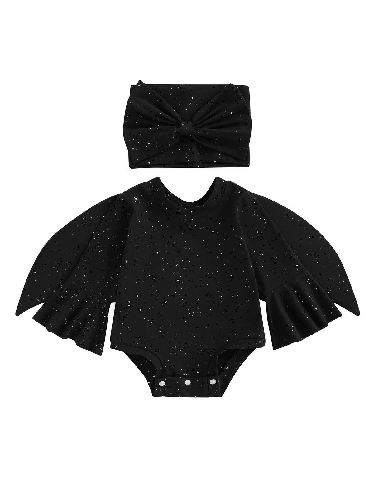 Toddler Baby Girl Bat Costumes Glitter Batwing Long Sleeve Romper with Bow Headband 2 Piece Halloween Outfit