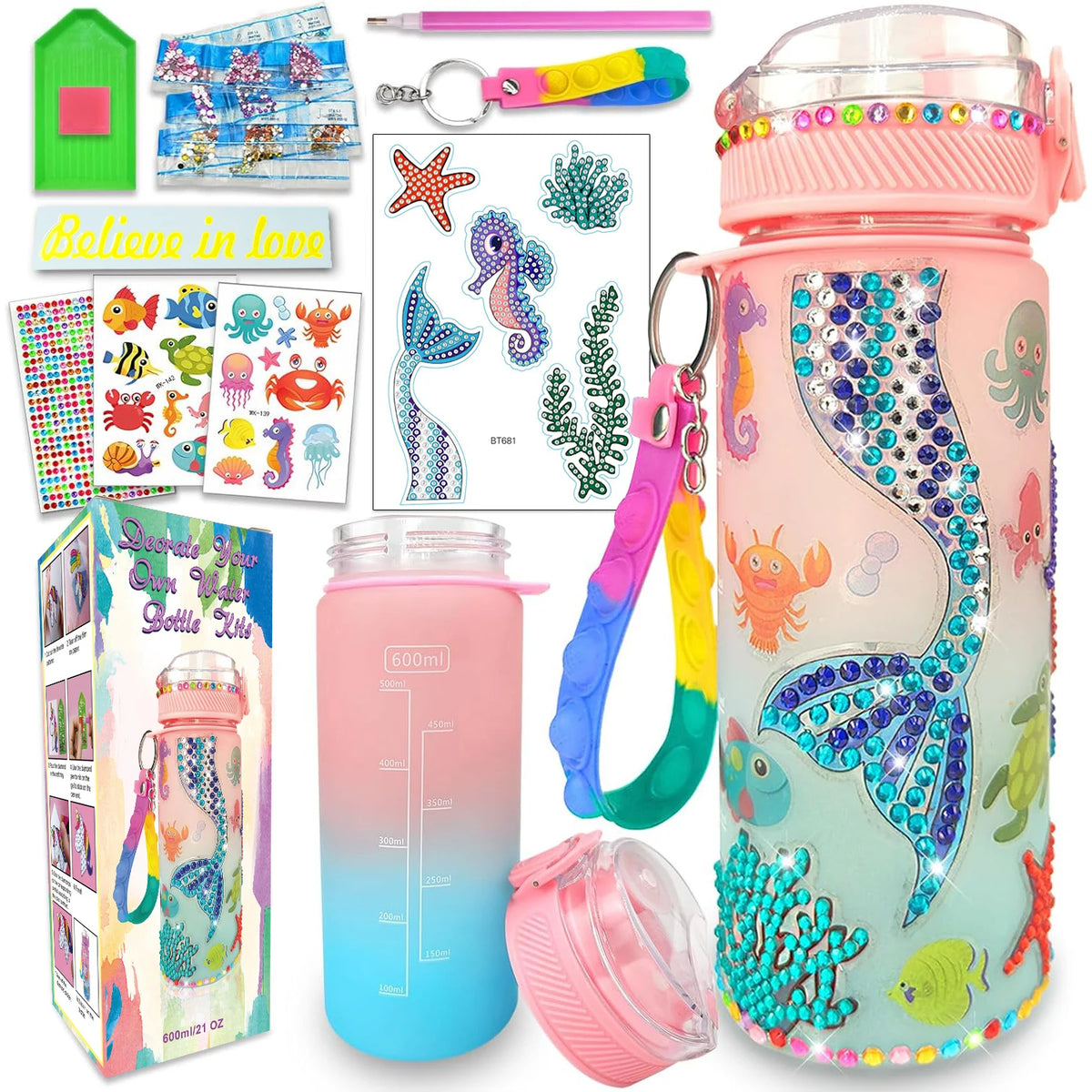 DIY Water Bottle Craft Kit for Kids, Decorative Painting Art Set, Creative Handmade Toys Birthday Gift for Girls