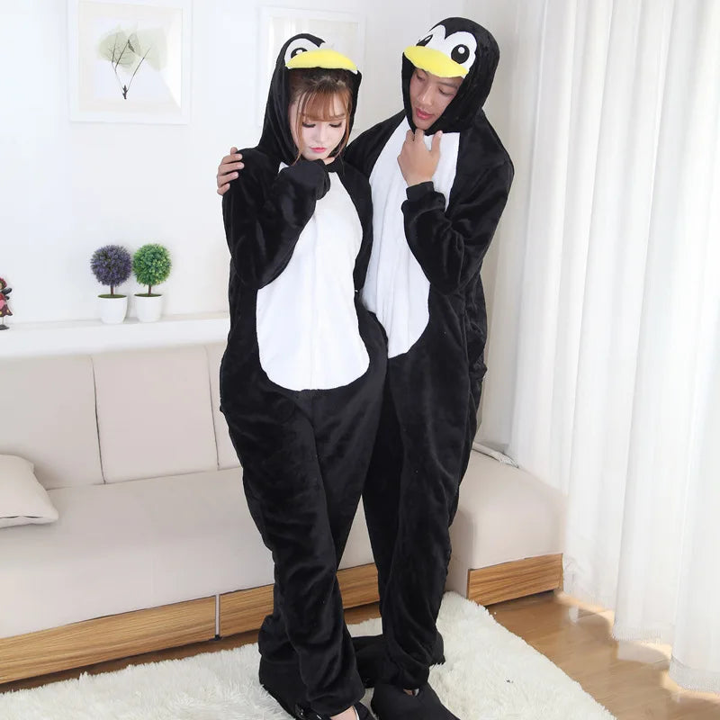 Winter Women Men Unisex Adults Penguin Cartoon Onesies Frog Bear Animal Cosplay Pajamas Set Flannel Sleepwear Halloween Costumes