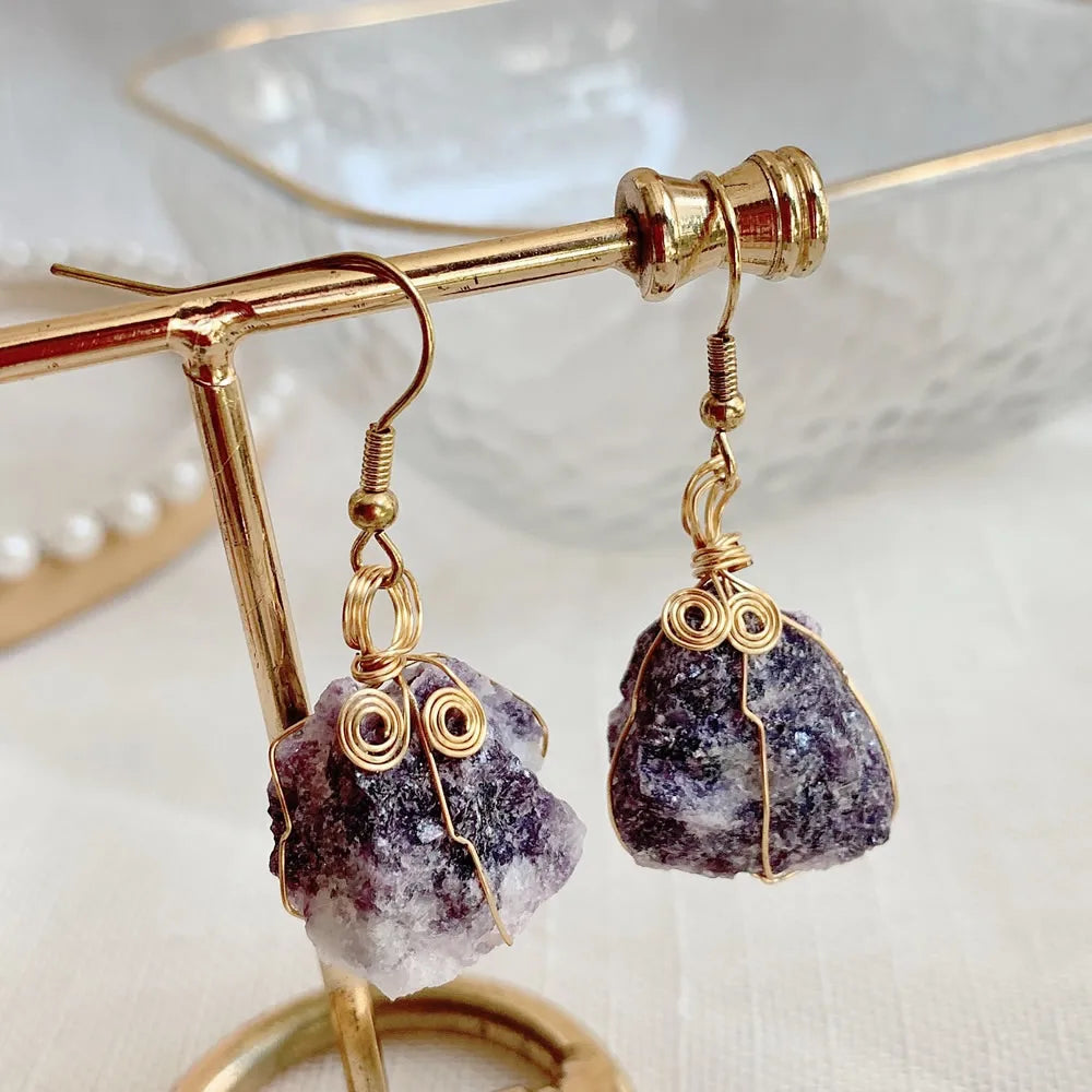 Natural Crystal Earrings for Women Raw Stone Green Quartz Pendulum Rubies Zoisite Lapis Sunstone Purple Crystal Drop Earring