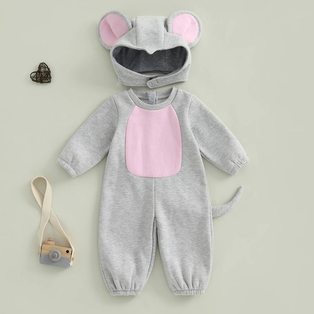 0-3Years Baby Mouse Costumes Novelty Long Sleeve Contrast Color Jumpsuit with Hat Halloween Cosplay Costumes for Boy Girl