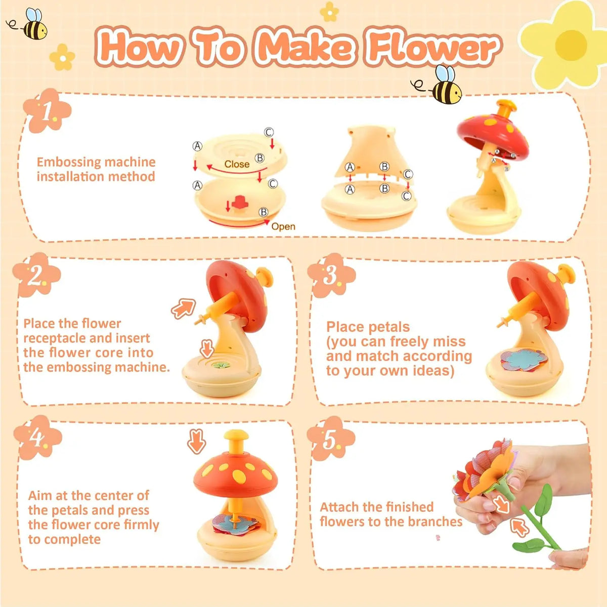 Fabric Flower Bouquets Craft Kit, Press-to-Create Flower Maker, DIY Arts Crafts for Kids Ages 4+, Girls Christmas Birthday Gift