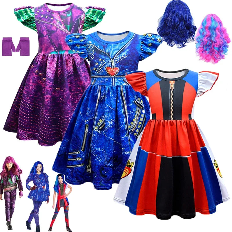 Descendants 3 Mal Costumes for Girls Evie Cosplay Costume Children Summer Short Dresses Girls Halloween Birthday Party Dress Up